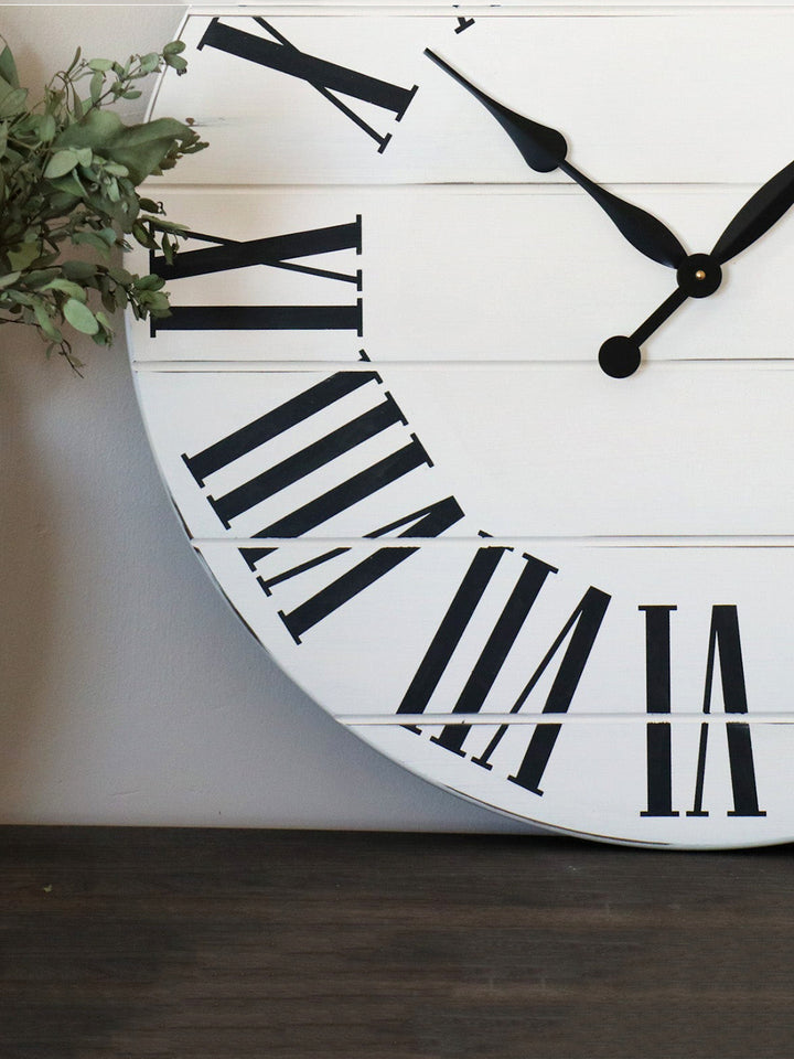 Simple 30" Farmhouse Style Large White Distressed Wall Clock with Black Roman Numerals (in stock) Earthly Comfort Clocks 2089-2