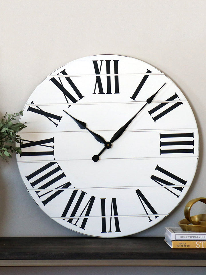 Simple 30" Farmhouse Style Large White Distressed Wall Clock with Black Roman Numerals (in stock) Earthly Comfort Clocks 2089-5