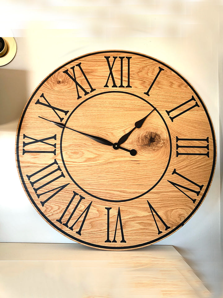 Large Flat Sawn White Oak Wall Clock with Black Roman Numerals Earthly Comfort Clocks -2