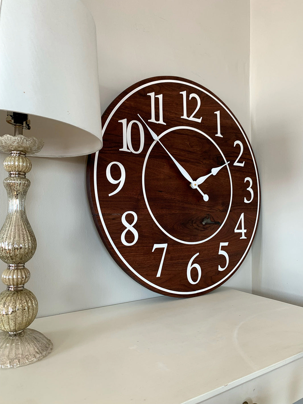 Solid Clear Walnut 30" Wall Clock with White Lines and Numbers (in stock) Earthly Comfort Clocks 2094-2