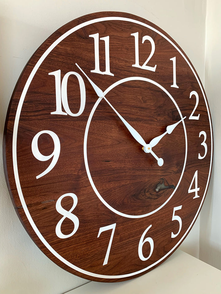 Solid Clear Walnut 30" Wall Clock with White Lines and Numbers (in stock) Earthly Comfort Clocks 2094-3