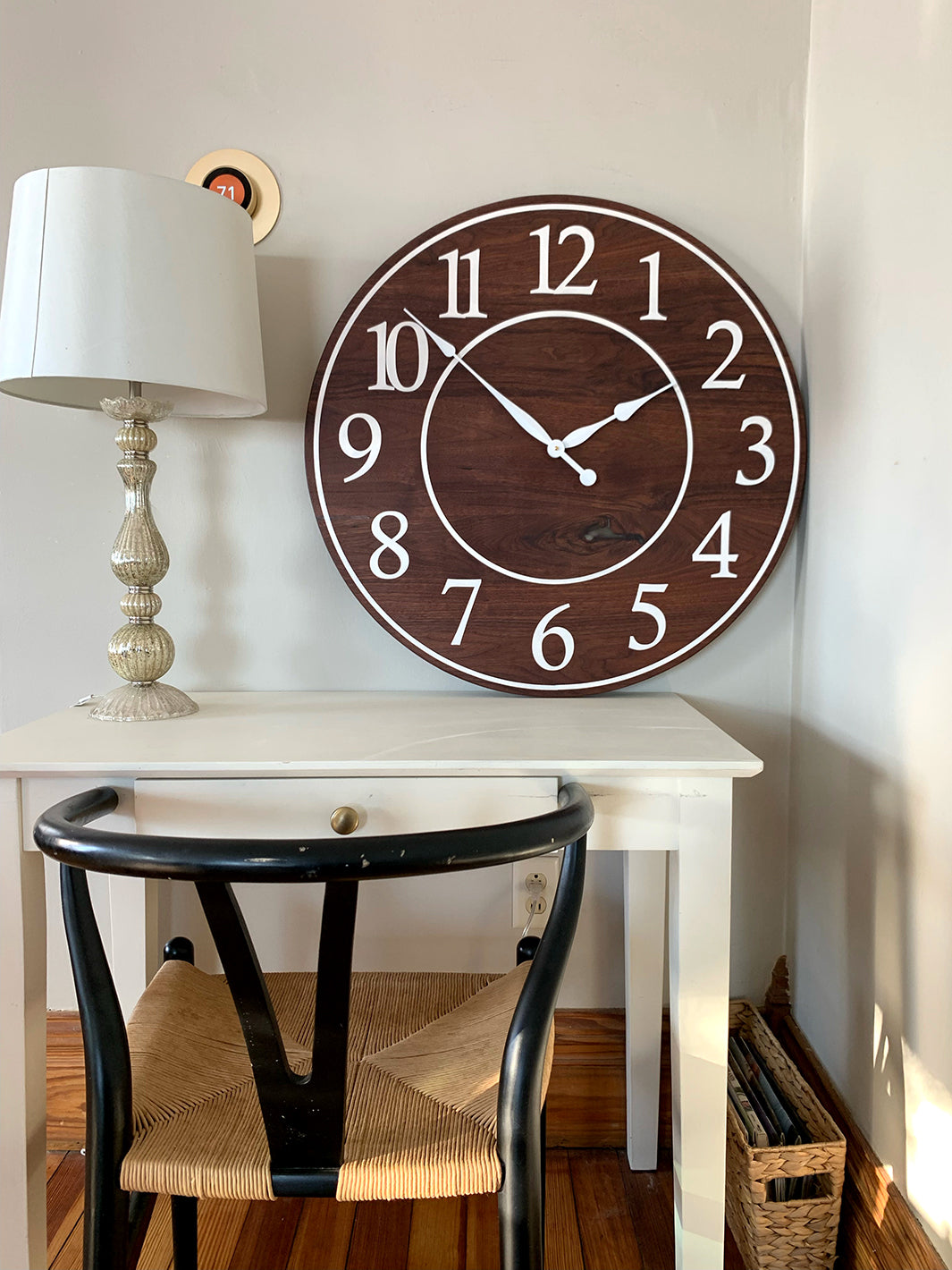 Solid Clear Walnut 30" Wall Clock with White Lines and Numbers (in stock) Earthly Comfort Clocks 2094-6