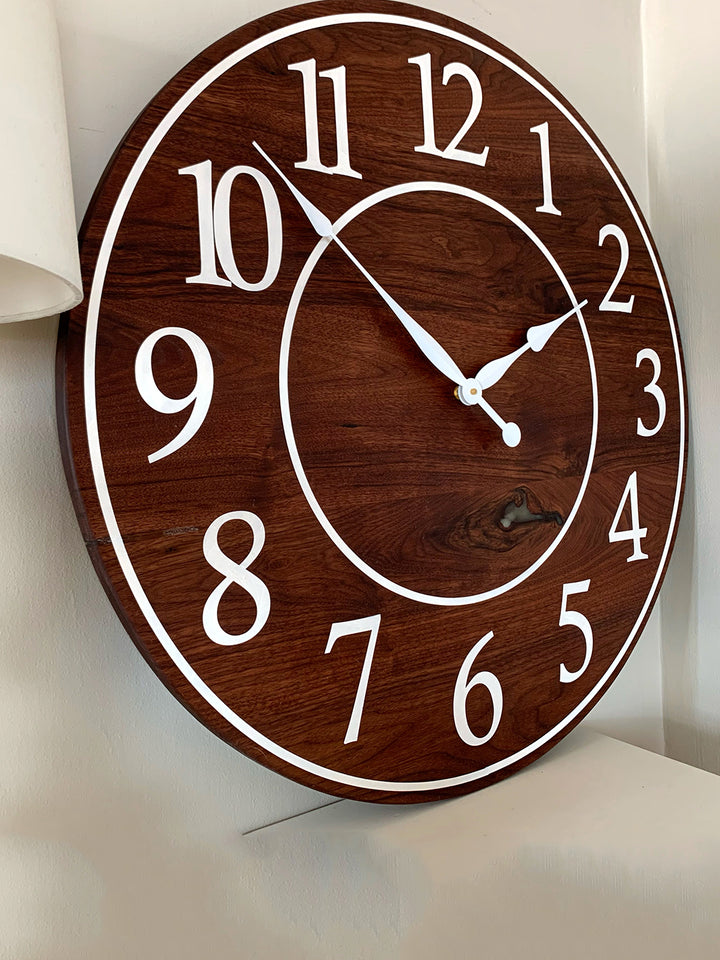 Solid Clear Walnut 30" Wall Clock with White Lines and Numbers (in stock) Earthly Comfort Clocks 2094-7