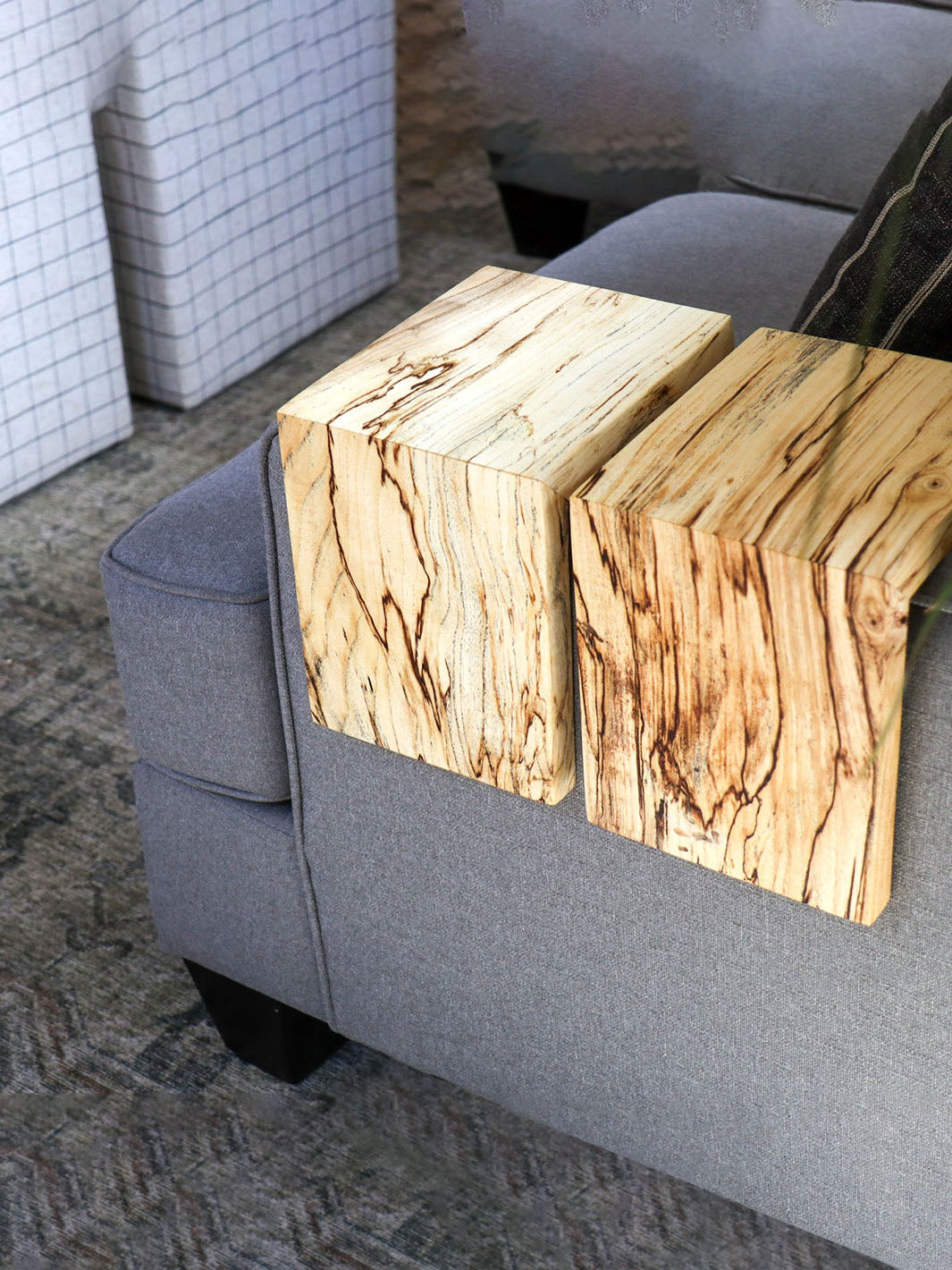 Earthly Comfort Pair of Spalted Maple Armrest Tables Earthly Comfort Coffee Tables 2183-5