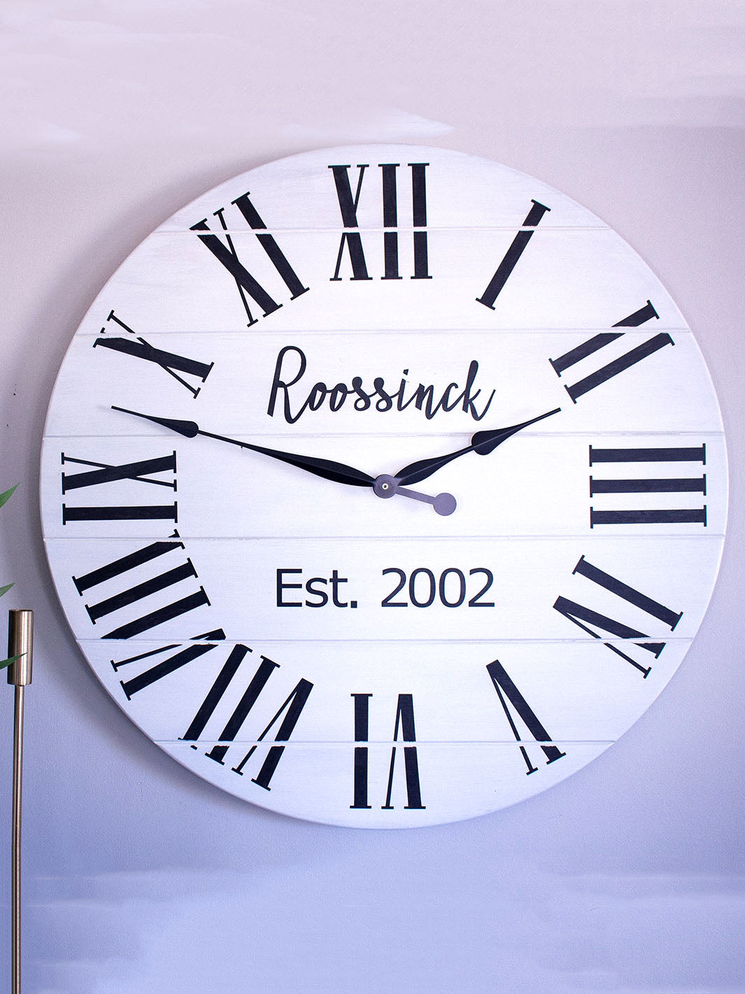 Personalized Modern Farmhouse White Shiplap Wooden Wall Clock with Black Roman Numerals Earthly Comfort Clocks 470-3