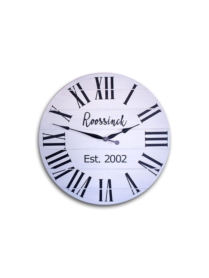 Personalized Modern Farmhouse White Shiplap Wooden Wall Clock with Black Roman Numerals