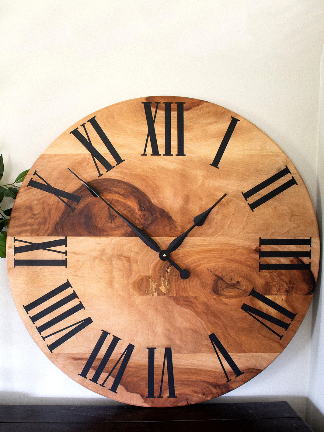 Large Solid Sycamore Hardwood Farmhouse Wall Clock with Black Roman Numerals Earthly Comfort Clocks 480-2