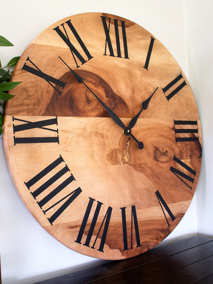 Large Solid Sycamore Hardwood Farmhouse Wall Clock with Black Roman Numerals Earthly Comfort Clocks 480-4