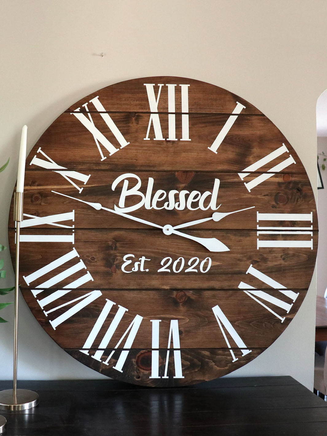 Personalized Dark Stained Large Farmhouse Wall Clock with White Roman Numerals Earthly Comfort Clocks 486-2