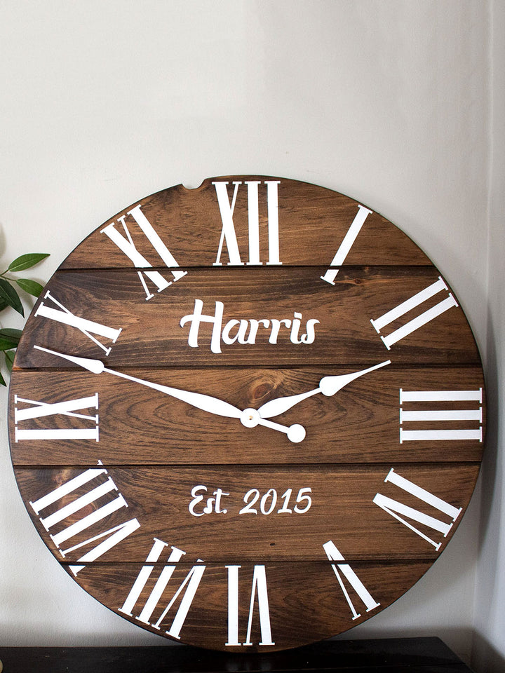 Personalized Dark Stained Large Farmhouse Wall Clock with White Roman Numerals Earthly Comfort Clocks 486-7
