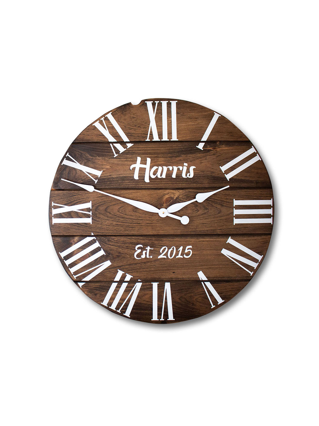 Personalized Dark Stained Large Farmhouse Wall Clock with White Roman Numerals Earthly Comfort Clocks 486
