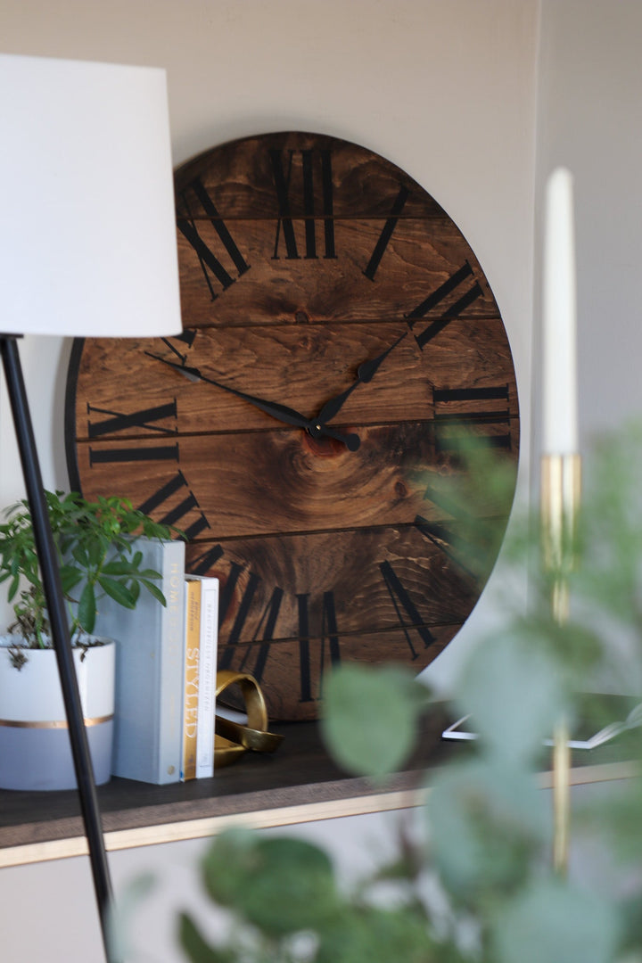 Dark Stained Large Farmhouse Wall Clock with Black Roman Numerals Earthly Comfort Clocks 495-3