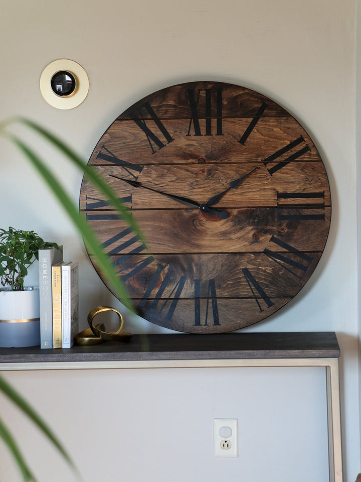 Dark Stained Large Farmhouse Wall Clock with Black Roman Numerals Earthly Comfort Clocks 495-4