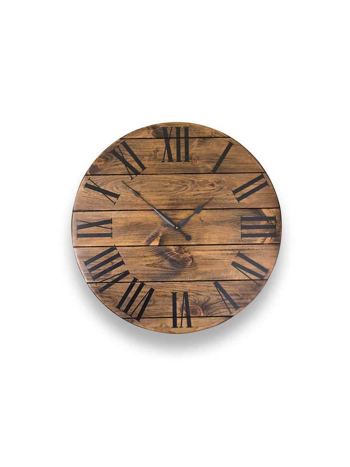 Dark Stained Large Farmhouse Wall Clock with Black Roman Numerals Earthly Comfort Clocks 495