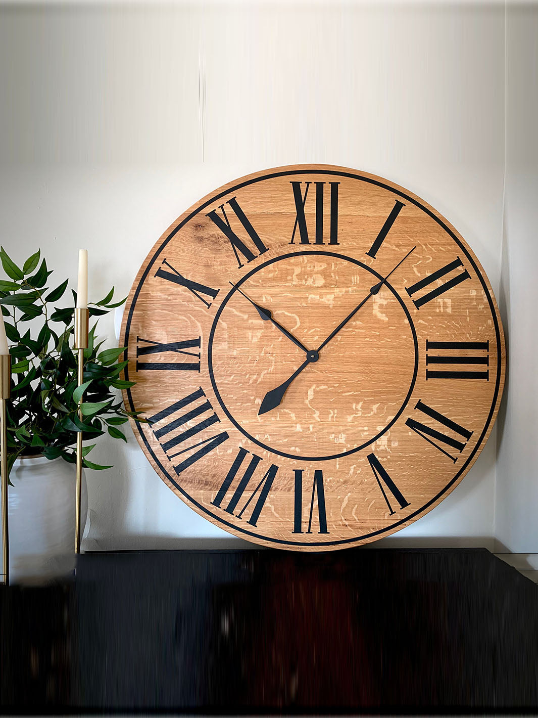 Large Quartersawn White Oak Wall Clock with Black Lines and Roman Numerals Earthly Comfort Clocks 503-2