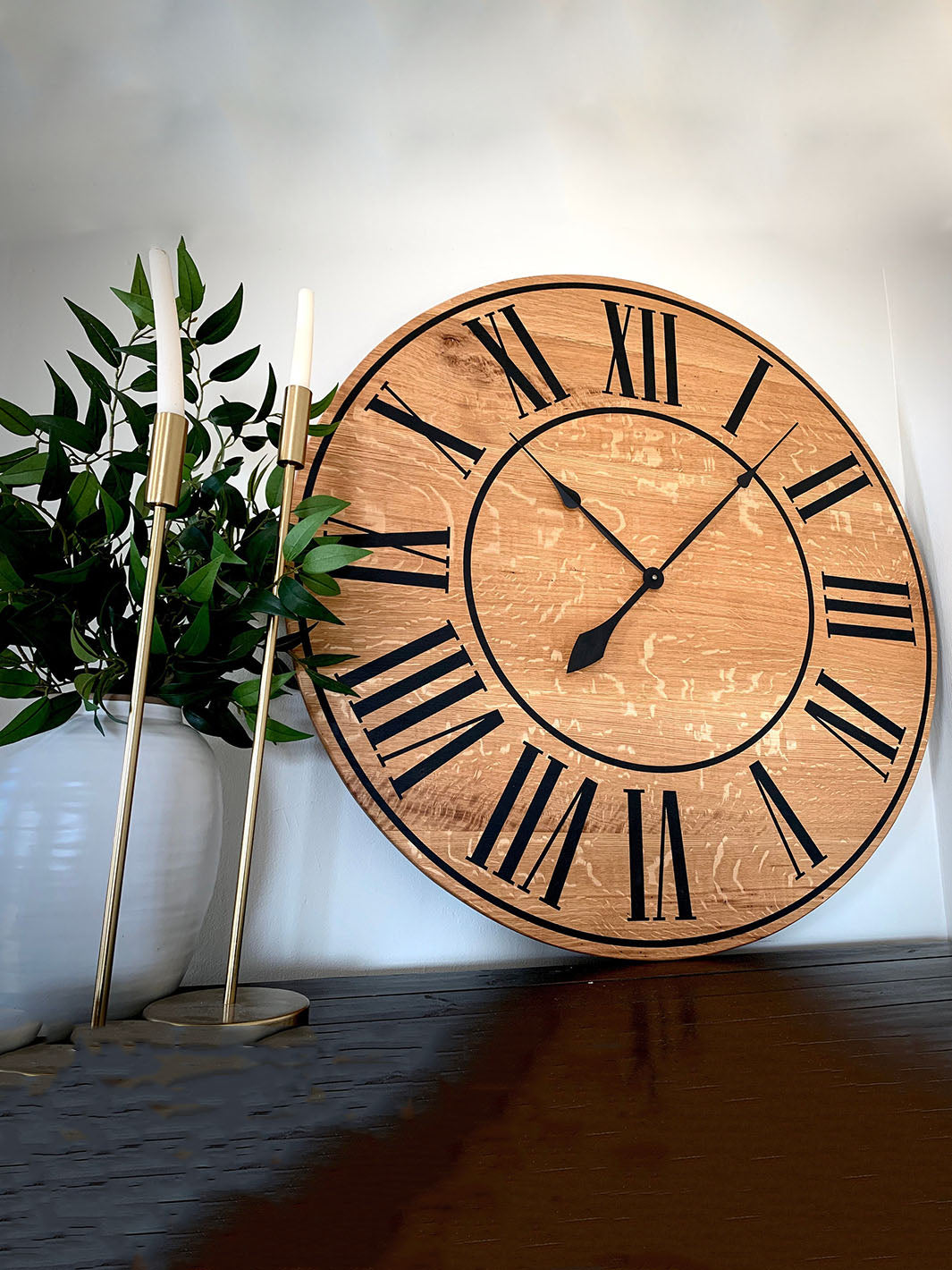 Large Quartersawn White Oak Wall Clock with Black Lines and Roman Numerals
