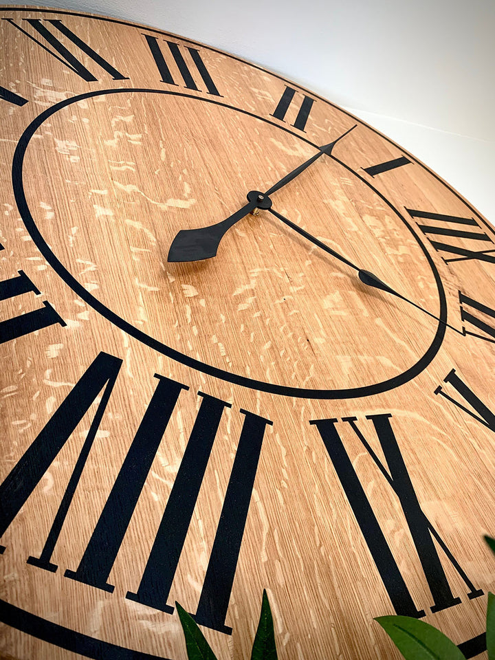 Large Quartersawn White Oak Wall Clock with Black Lines and Roman Numerals Earthly Comfort Clocks 503-4