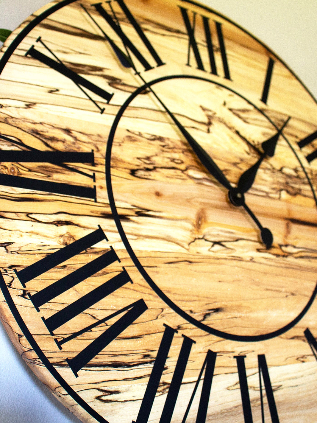 Solid Spalted Maple Wall Clock with Black Lines and Roman Numerals Earthly Comfort Clocks 547-2
