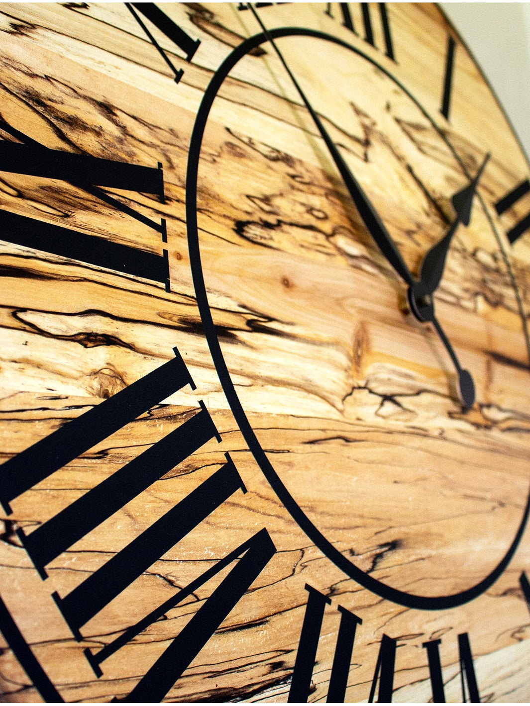 Solid Spalted Maple Wall Clock with Black Lines and Roman Numerals Earthly Comfort Clocks 547-3