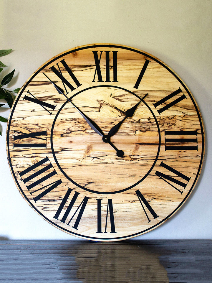 Solid Spalted Maple Wall Clock with Black Lines and Roman Numerals Earthly Comfort Clocks 547-4