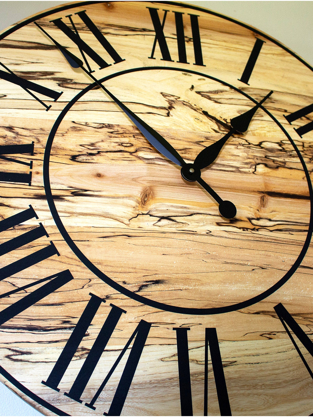 Solid Spalted Maple Wall Clock with Black Lines and Roman Numerals Earthly Comfort Clocks 547-5