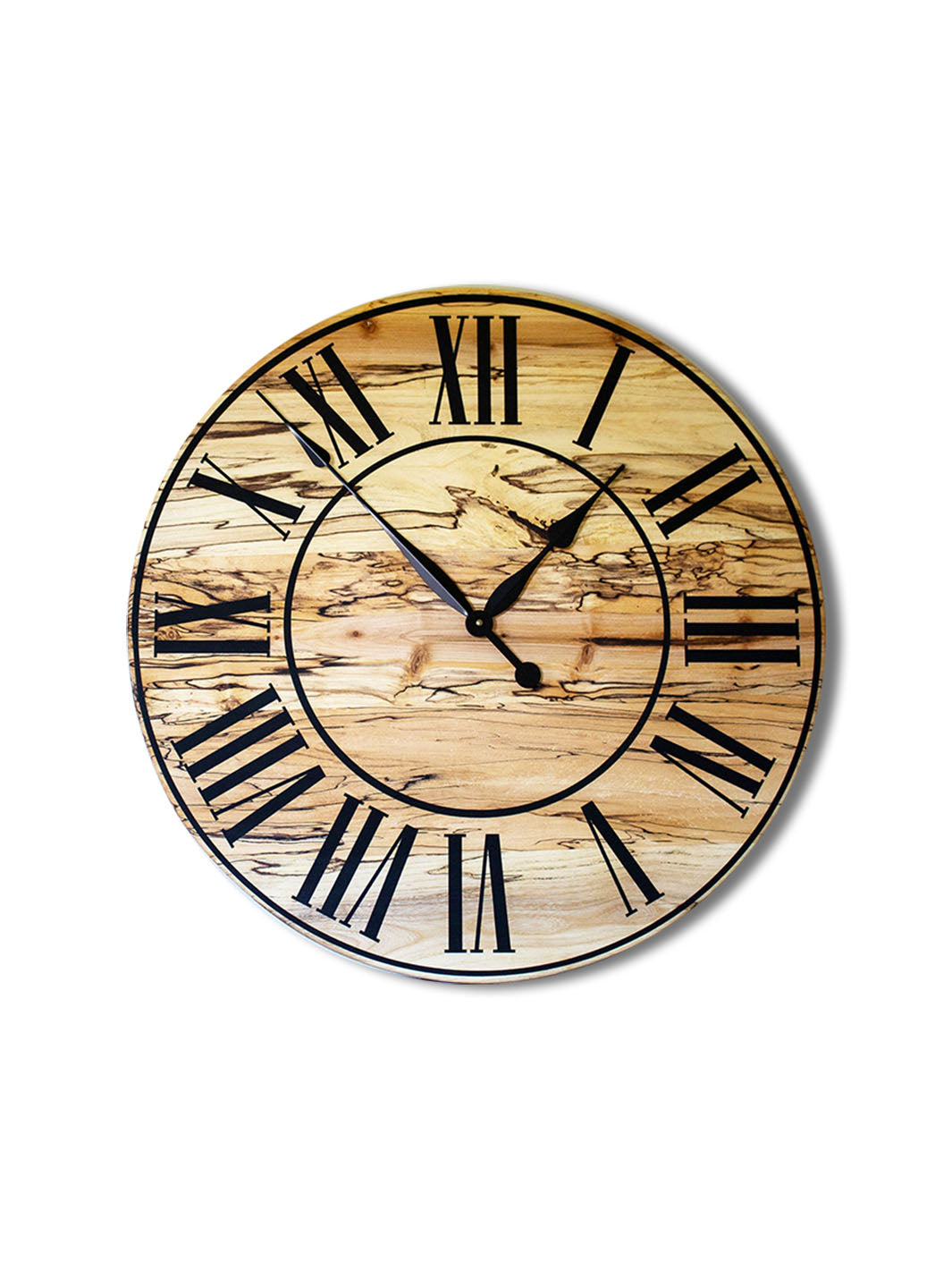 Solid Spalted Maple Wall Clock with Black Lines and Roman Numerals Earthly Comfort Clocks 547