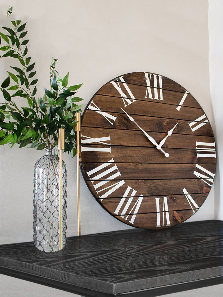 Dark Stained Large Farmhouse Wall Clock with White Roman Numerals Earthly Comfort Clocks 596-1