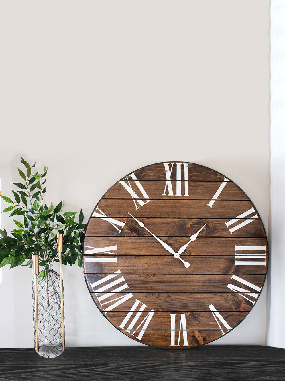 Dark Stained Large Farmhouse Wall Clock with White Roman Numerals Earthly Comfort Clocks 596-3