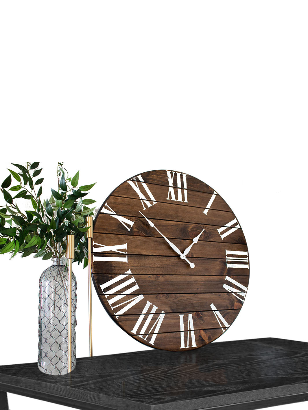 Dark Stained Large Farmhouse Wall Clock with White Roman Numerals Earthly Comfort Clocks 596