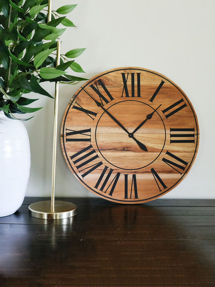Large Quartersawn Sycamore Hardwood Wall Clock with Black Roman Numerals Earthly Comfort Clocks 610-2