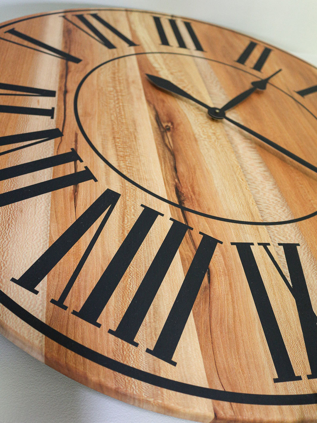 Large Quartersawn Sycamore Hardwood Wall Clock with Black Roman Numerals Earthly Comfort Clocks 610-3