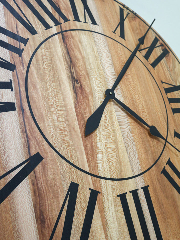 Large Quartersawn Sycamore Hardwood Wall Clock with Black Roman Numerals Earthly Comfort Clocks 610-4