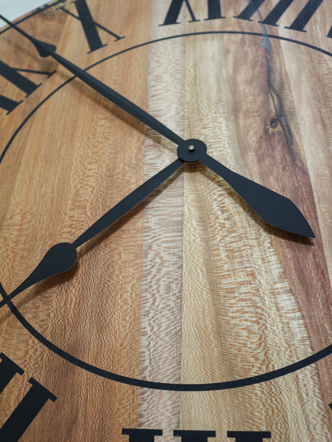 Large Quartersawn Sycamore Hardwood Wall Clock with Black Roman Numerals Earthly Comfort Clocks 610-5