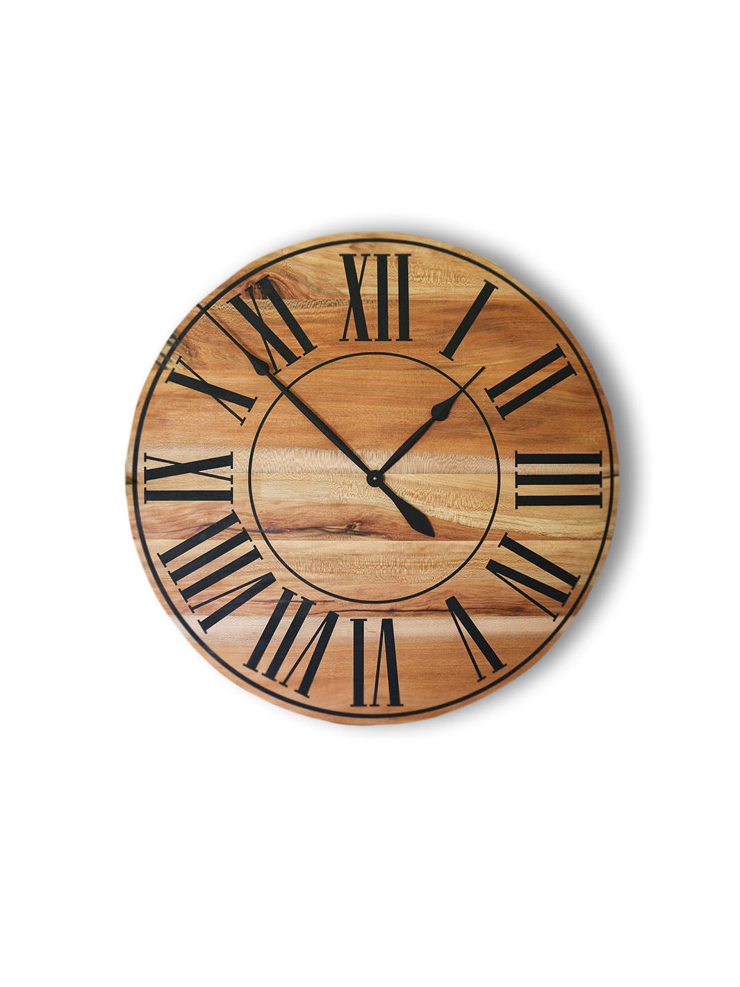 Large Quartersawn Sycamore Hardwood Wall Clock with Black Roman Numerals Earthly Comfort Clocks 610