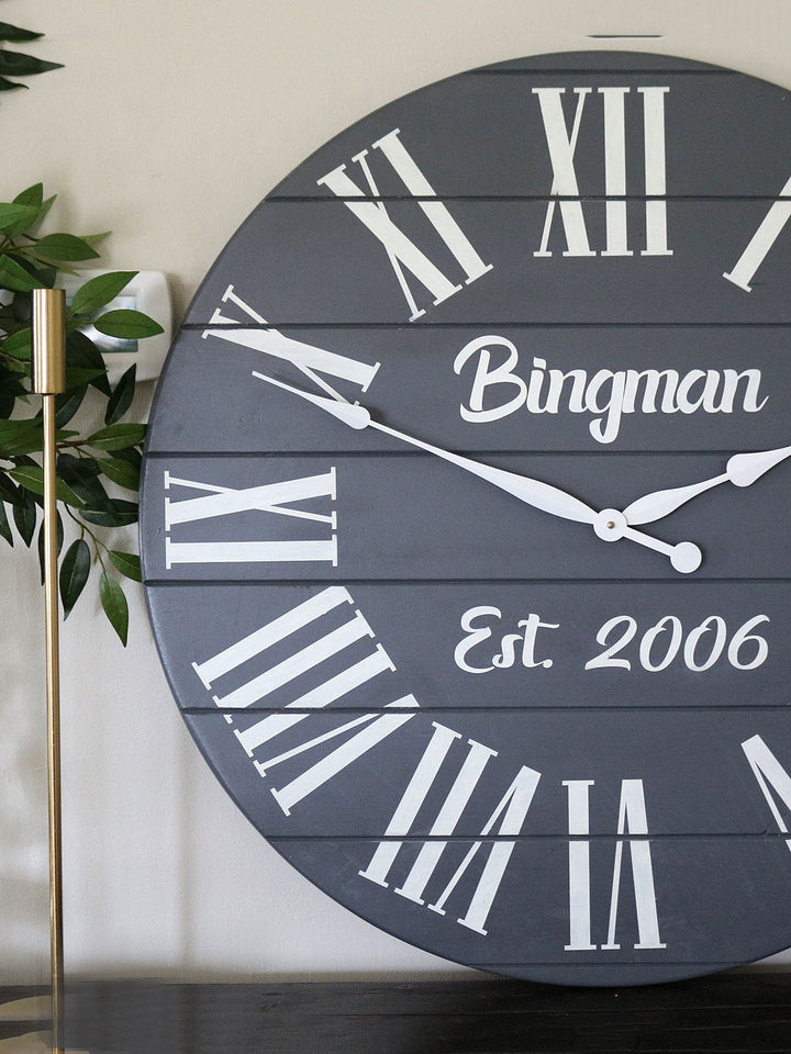 Personalized Large Grey Painted Wooden Clock with White Roman Numerals Earthly Comfort Clocks 631-2