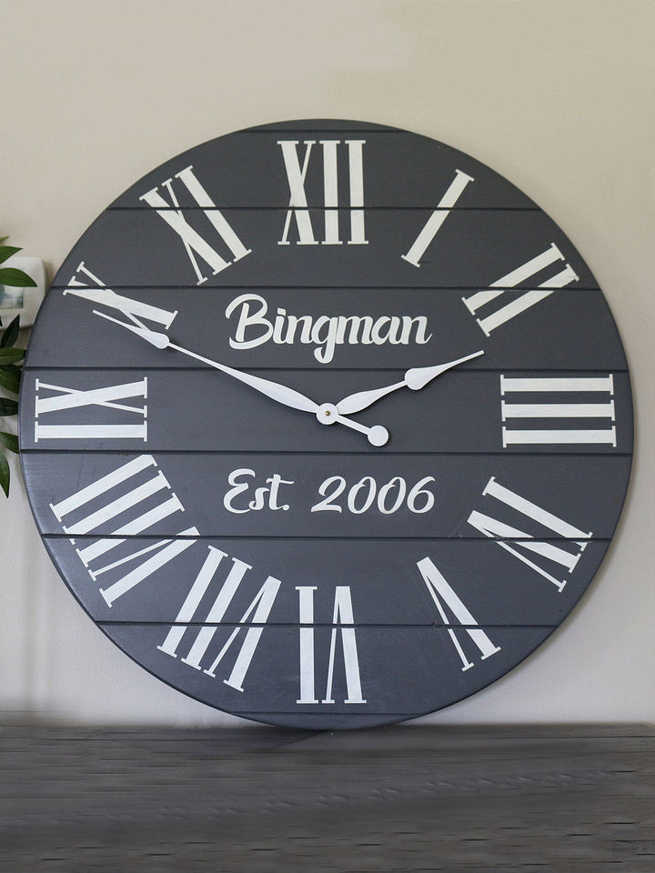 Personalized Large Grey Painted Wooden Clock with White Roman Numerals