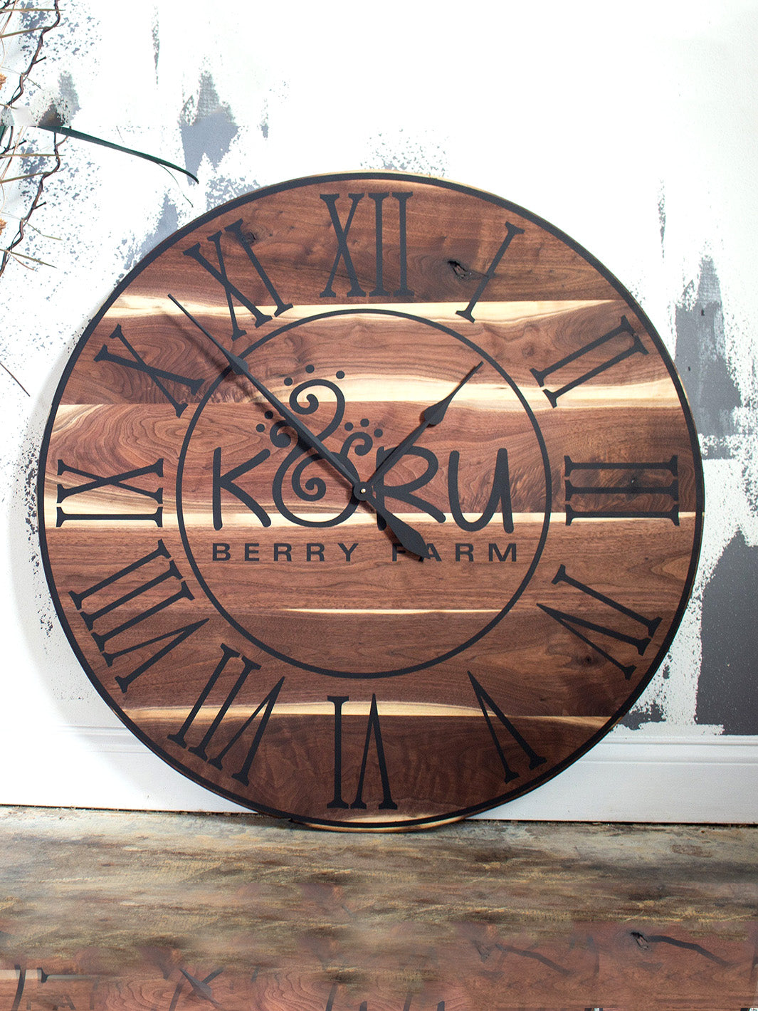 Live Edge Black Walnut Oversized Wall Clock with Black Lines and Roman Numerals Earthly Comfort Clocks 636-3