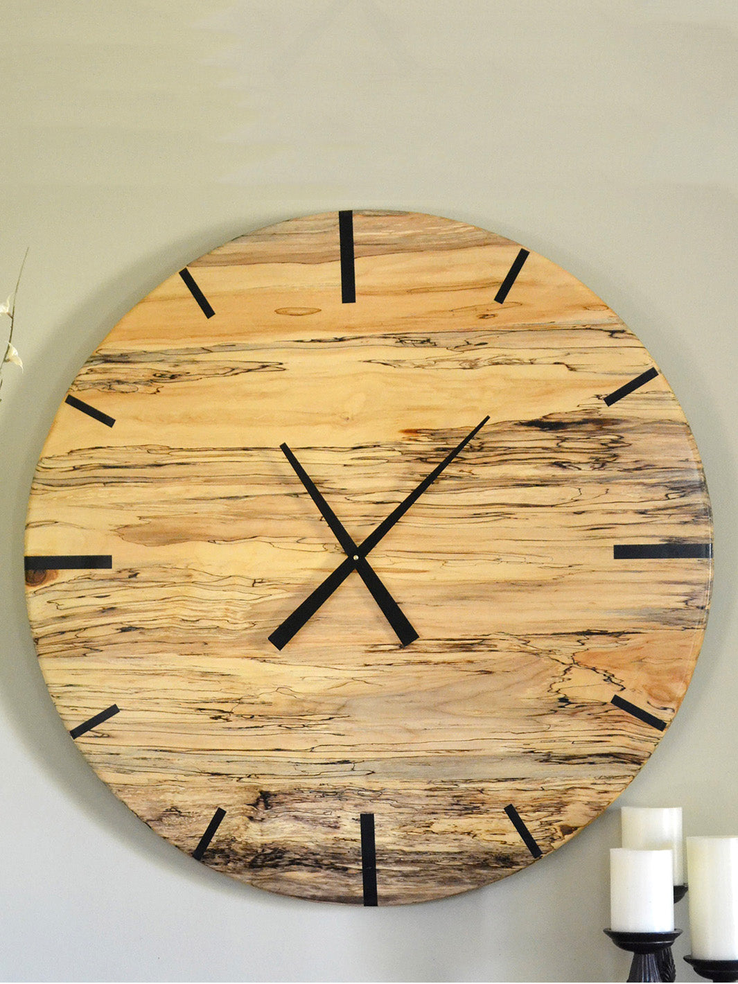Mid Century Modern Hardwood Spalted Maple Wall Clock with Black Number Lines Earthly Comfort Clocks 648-2