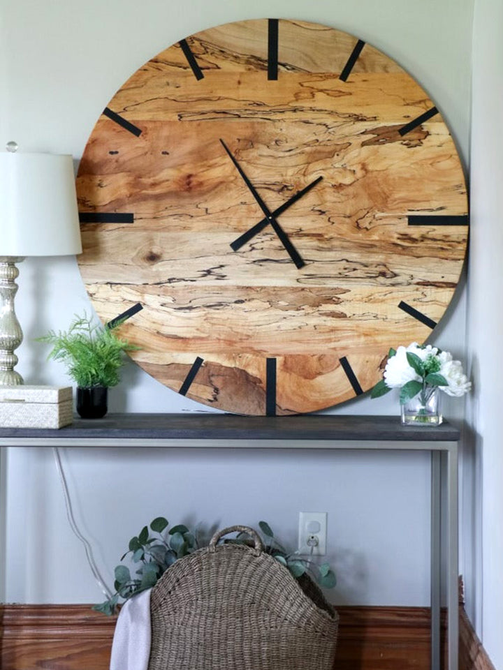 Mid Century Modern Hardwood Spalted Maple Wall Clock with Black Number Lines Earthly Comfort Clocks 648-3