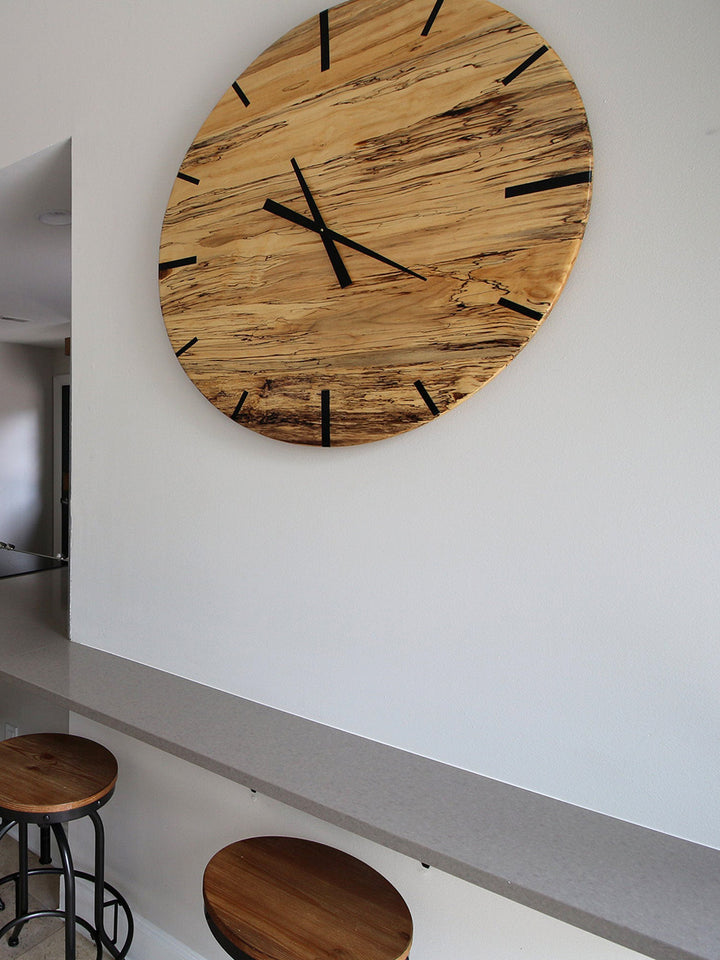 Mid Century Modern Hardwood Spalted Maple Wall Clock with Black Number Lines Earthly Comfort Clocks 648-6