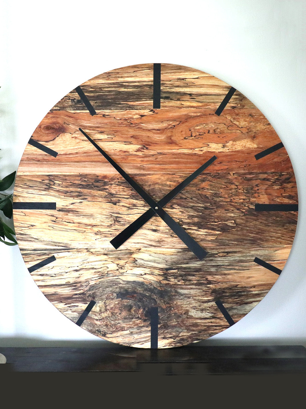 Mid Century Modern Hardwood Spalted Maple Wall Clock with Black Number Lines