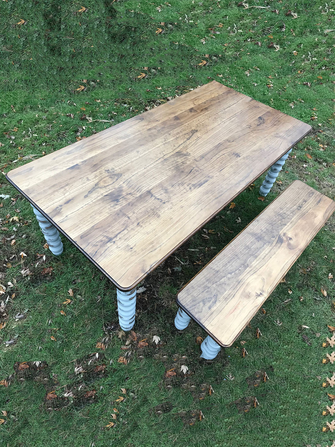 Farmhouse Dining Table with Grey Distressed Legs and Stained Top Earthly Comfort Dining Tables 689-4