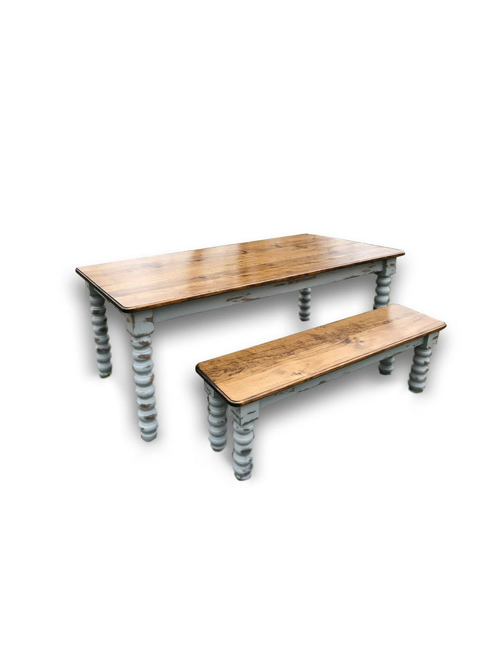 Farmhouse Dining Table with Grey Distressed Legs and Stained Top Earthly Comfort Dining Tables 689