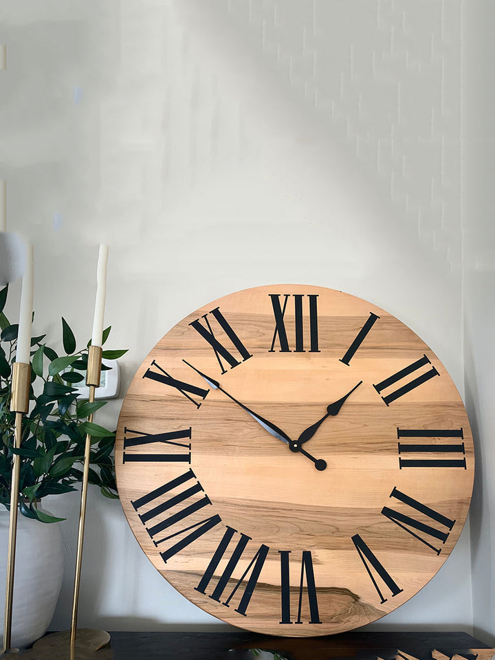 Large Solid Rustic Maple Hardwood Farmhouse Wall Clock with Black Roman Numerals Earthly Comfort Clocks 761-2