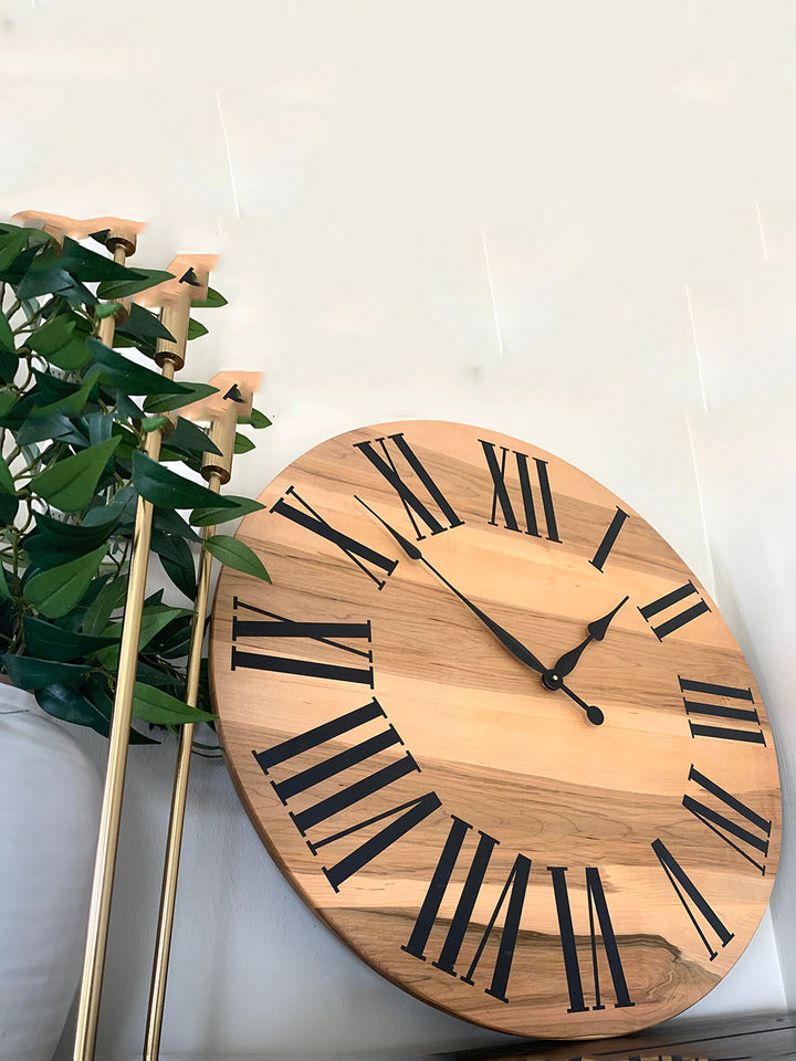 Large Solid Rustic Maple Hardwood Farmhouse Wall Clock with Black Roman Numerals Earthly Comfort Clocks 761-3