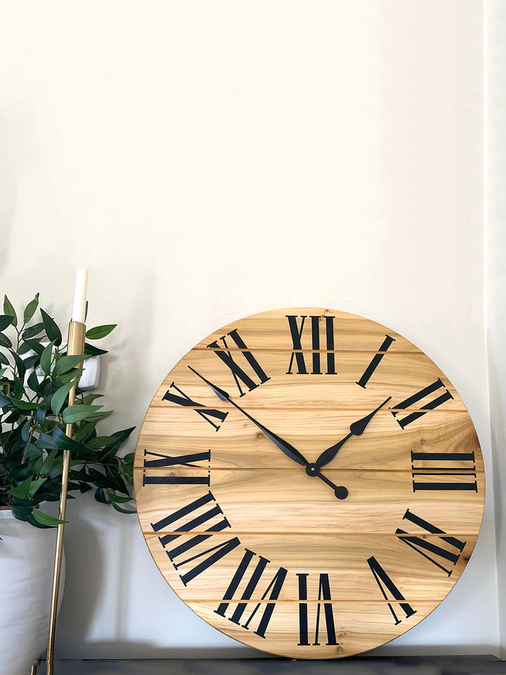 Large Solid Poplar Hardwood Farmhouse Wall Clock with Black Roman Numerals Earthly Comfort Clocks 778-2