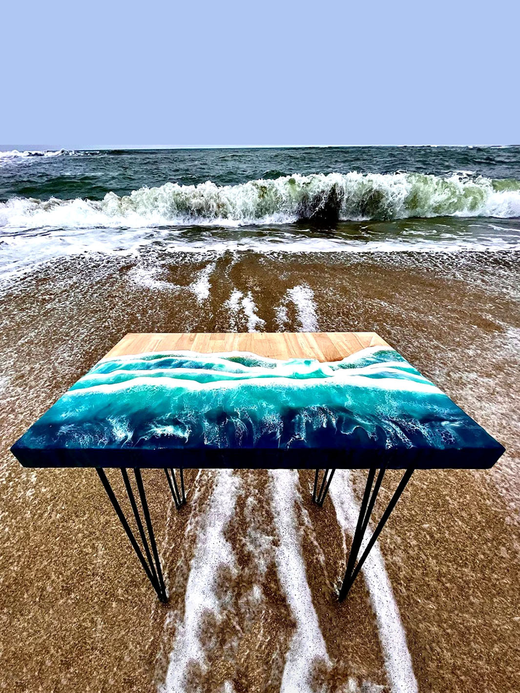 Handcrafted Beach Inspired Elongated Epoxy Resin Hevea Wood Table | 25â€Lx15â€W Artsheedal Tables ART0147-2