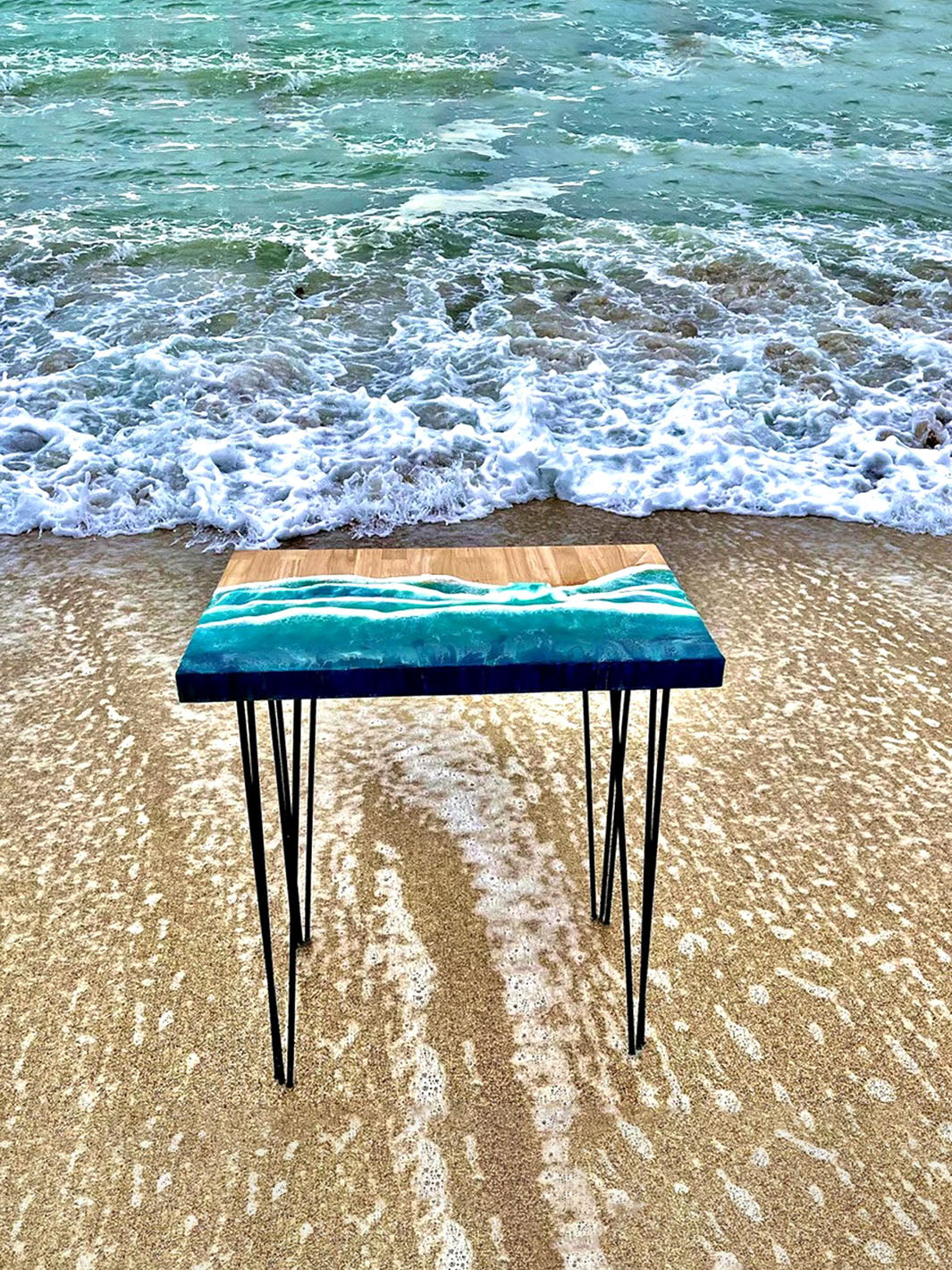 Handcrafted Beach Inspired Elongated Epoxy Resin Hevea Wood Table | 25â€Lx15â€W Artsheedal Tables ART0147-3