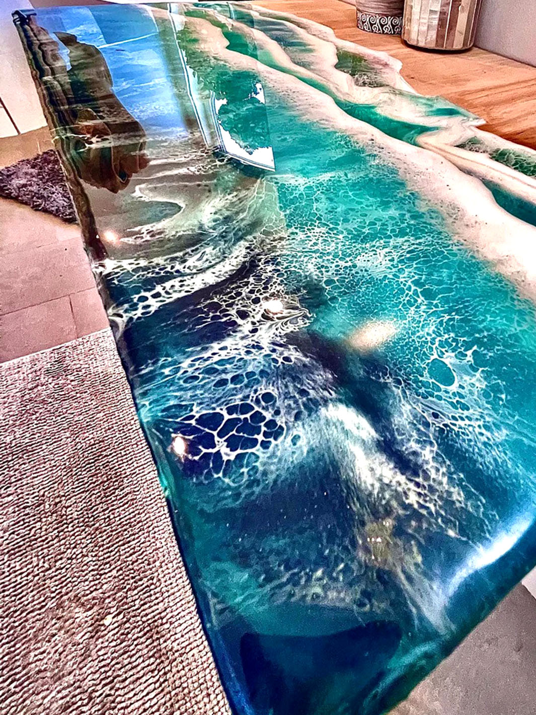 Handcrafted Beach Inspired Elongated Epoxy Resin Hevea Wood Table | 25â€Lx15â€W Artsheedal Tables ART0147-4