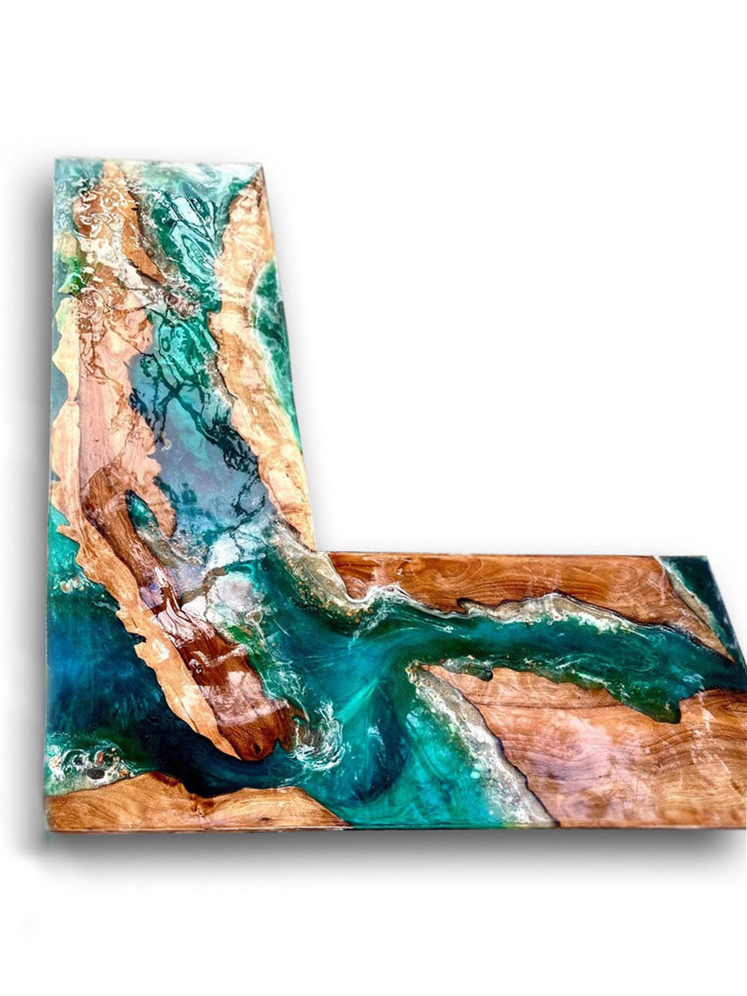 Caribbean Inspired Walnut Epoxy Resin Ocean “L” Shaped Office Desk 72" X 30 Artsheedal Desks ART0221